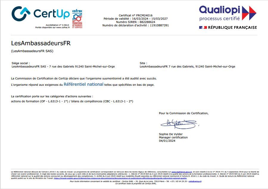 Certificat Qualiopi LesAmbassadeursFR