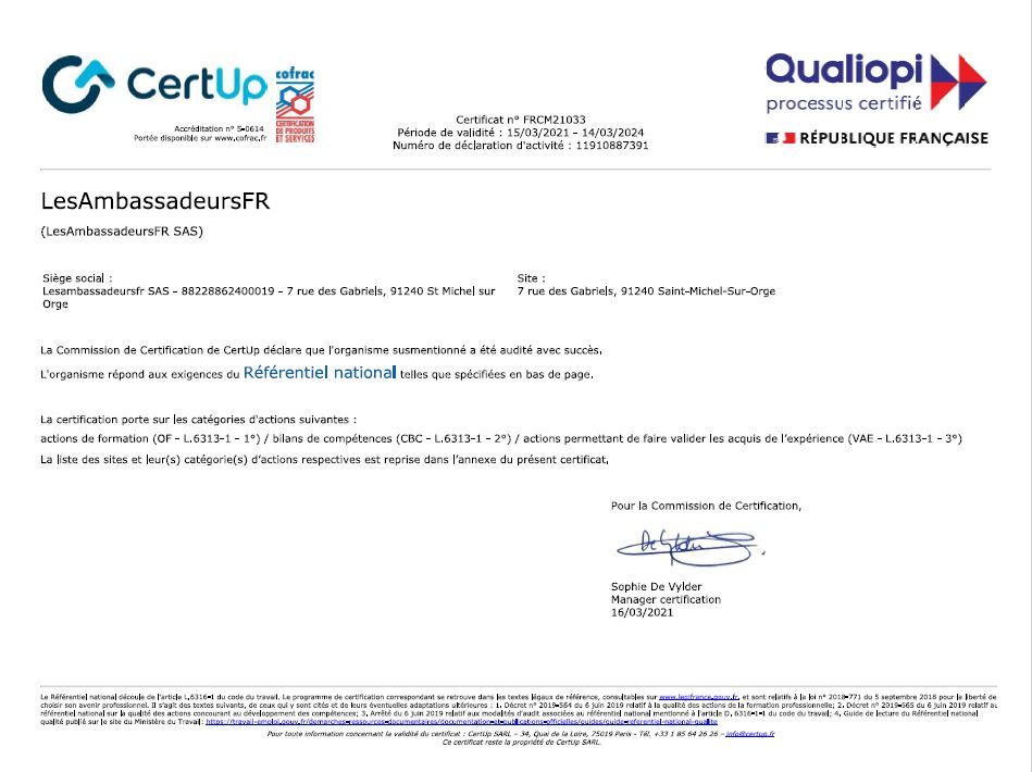 Certificat Qualiopi Cert'Up Maieutika LesAmbassadeursFR