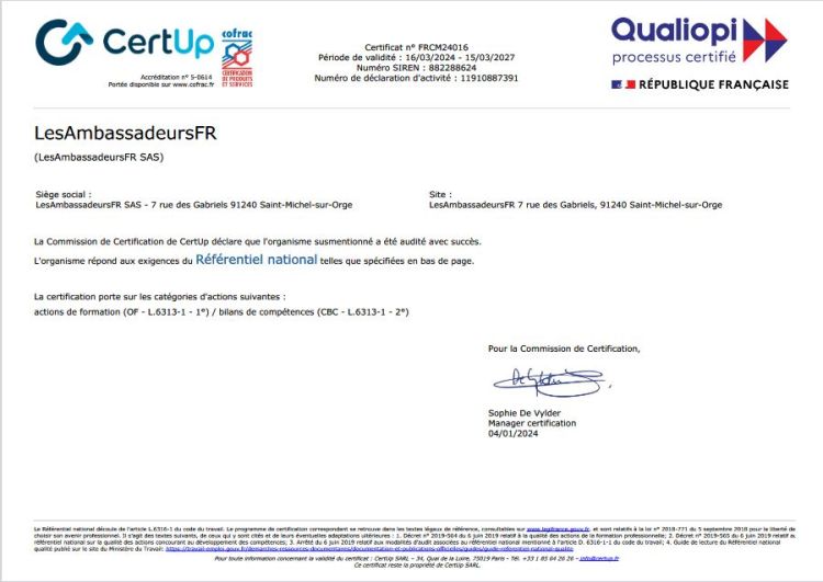 Certificat Qualiopi LesAmbassadeursFR